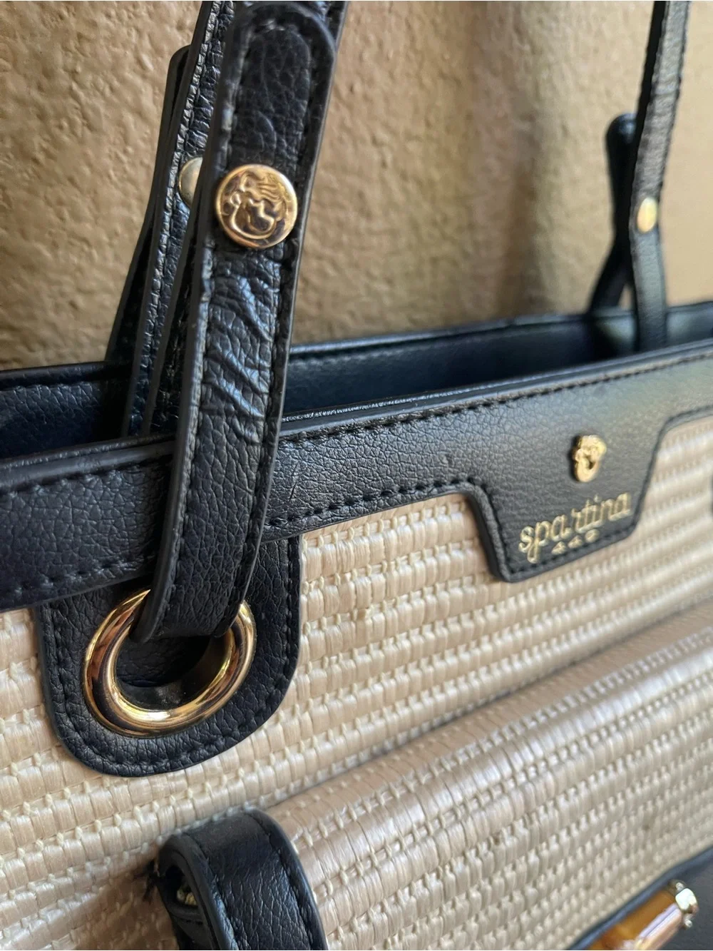 Spartina 449 Ebony Bamboo Chic Straw Tote Black Leather Bamboo Accent